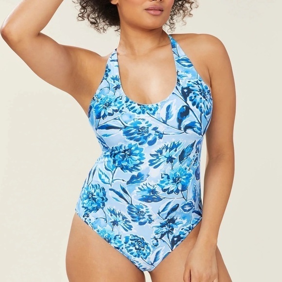 Andie Other - Andie Swim The Baia Glossy Eco Nylon in Blue Floral size XL NWT